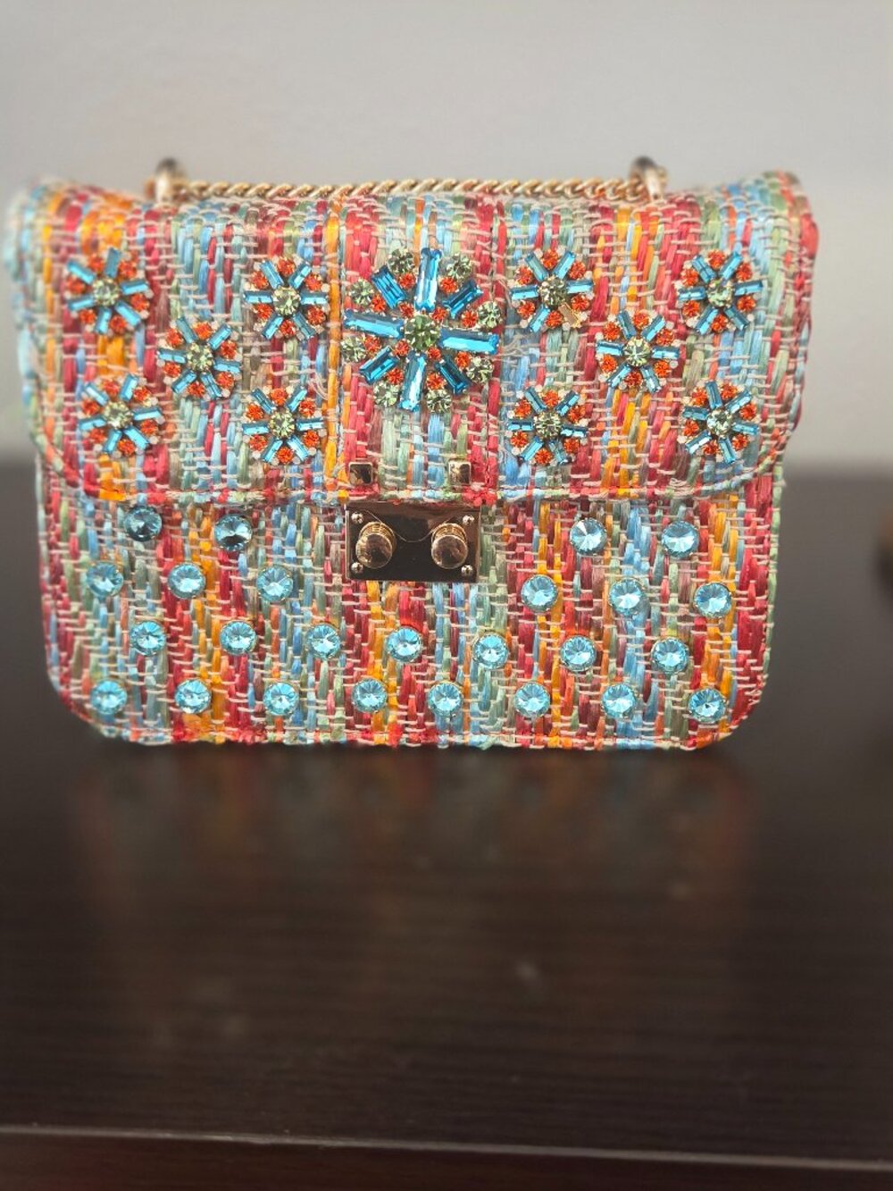 Emanuela Caruso Capri Embellished Tweed Crossbody Shoulder Bag Multicolor Gold